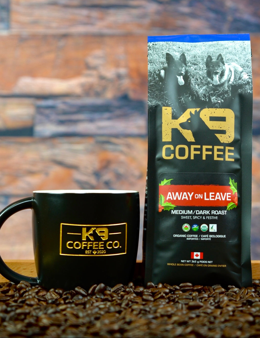 K9 Coffee AWAY ON LEAVE Holiday Edition Medium/Dark Roast Organic Coffee